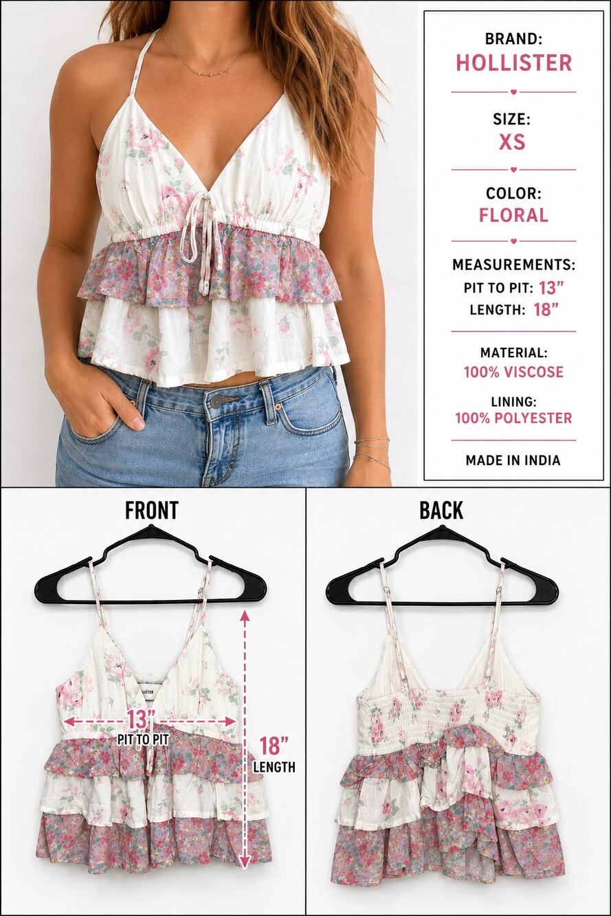 Hollister Floral Ruffle Babydoll Cami Tank Top XS Cottagecore Boho Adjustable